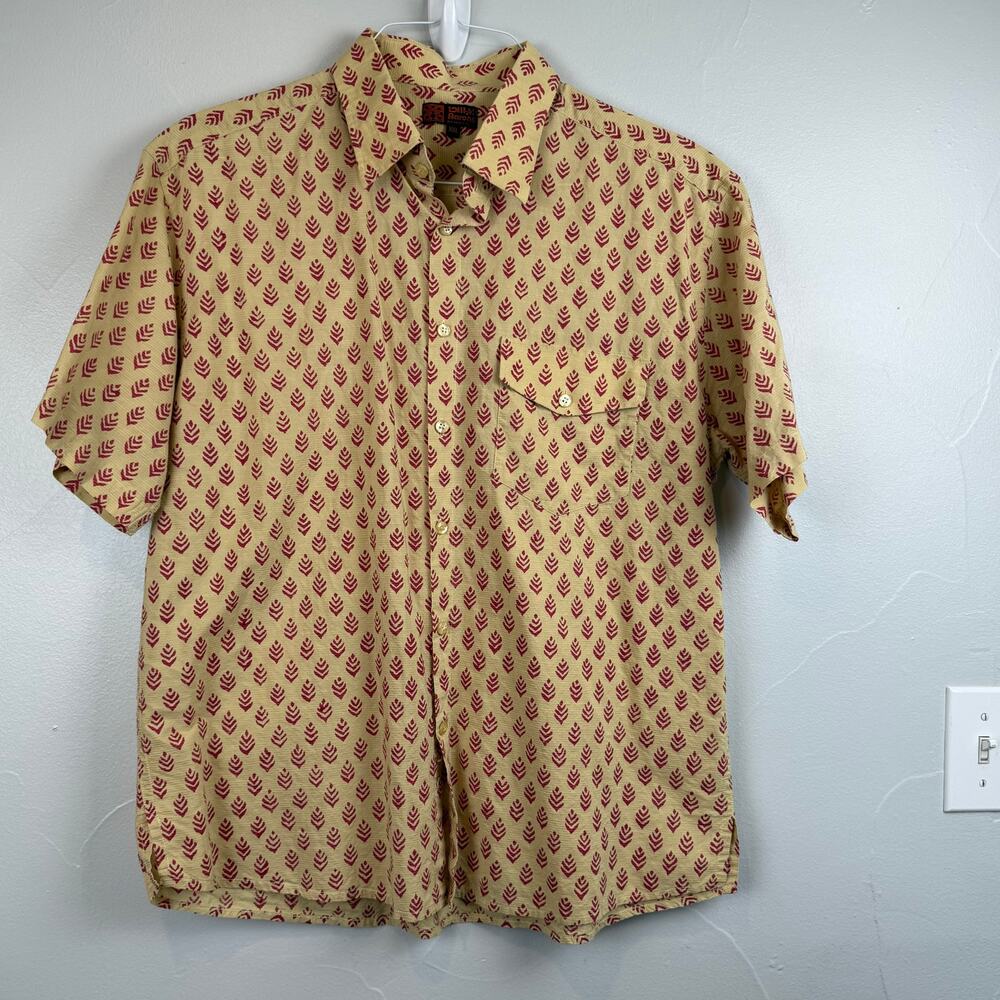 Aarong Bangladesh Men’s XXL Block Print Short Sleeve Button Shirt Beige Red